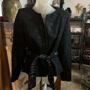 Kay Unger Black Textured Blazer with Striped Belt